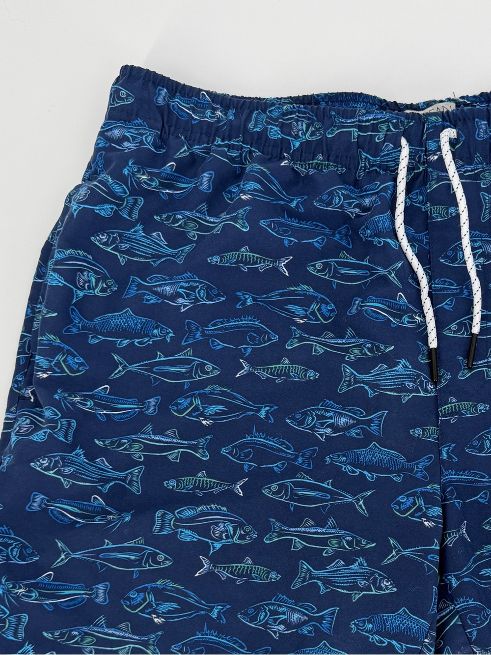Navy Blue Volley Swim Shorts Lined L Mens Quick Dry 7" Fish Print Beach Pool